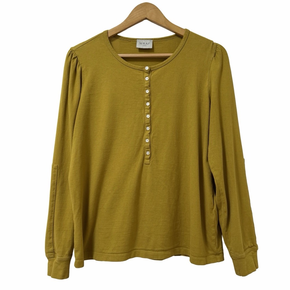 Wrap London Womens Hemp Cotton Ribbed Henley Top Size US 12 Ochre‎ Lime EUC